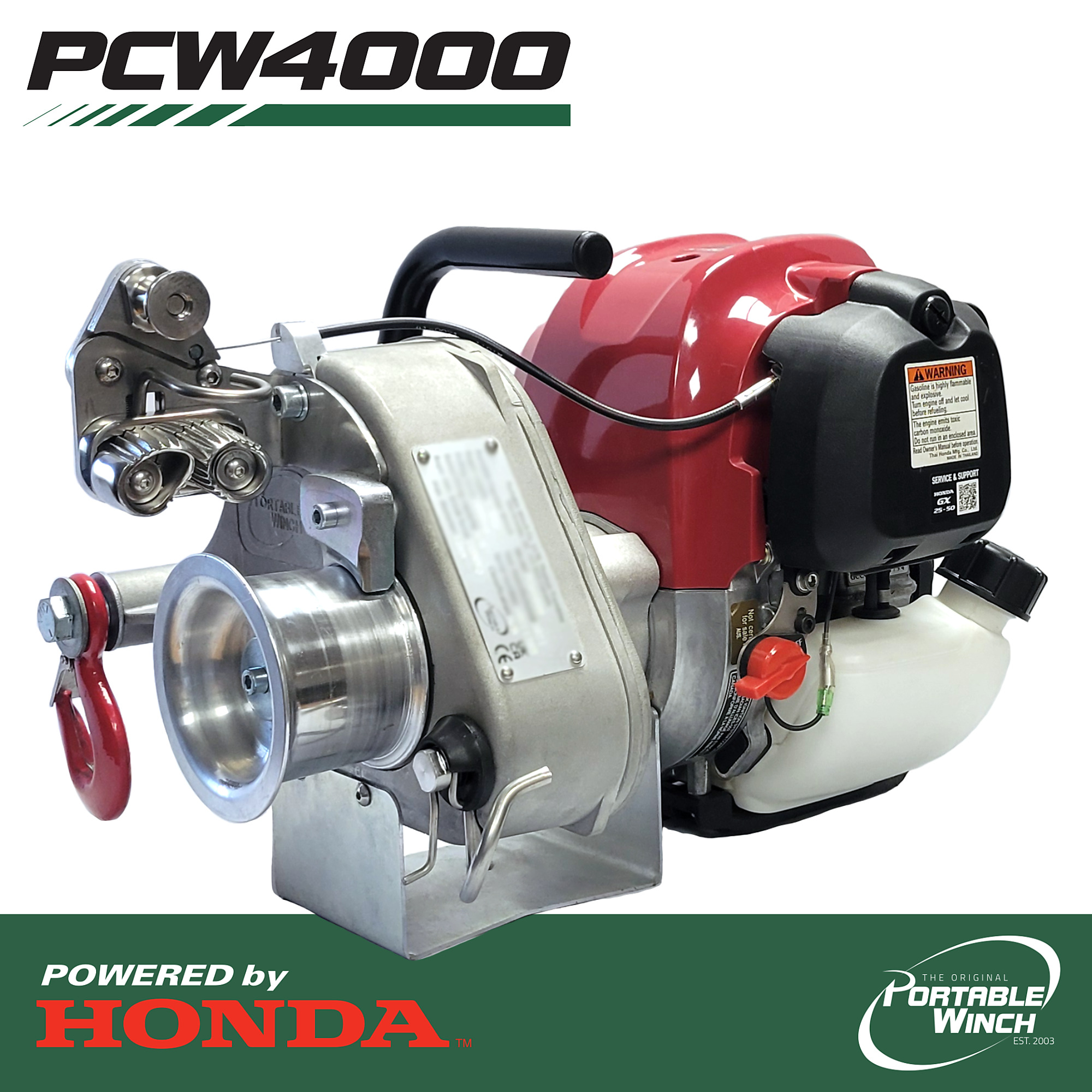 Portable Winch, PCW4000 Gas-Powered Portable Capstan Winch - Honda GX50 Capacity (Line Pull) 2200 lb, Model# PCW4000
